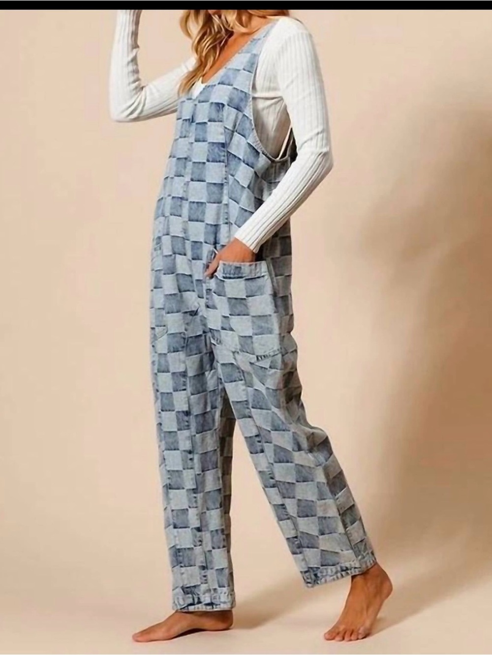 BiBi Light Blue Checkered Denim Overalls - Women's Jeans